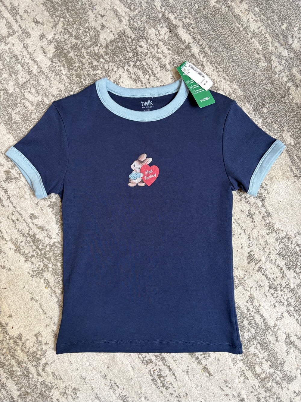 twik Navy Ringer Tee with Light Blue Trim & Bunny Heart Graphic